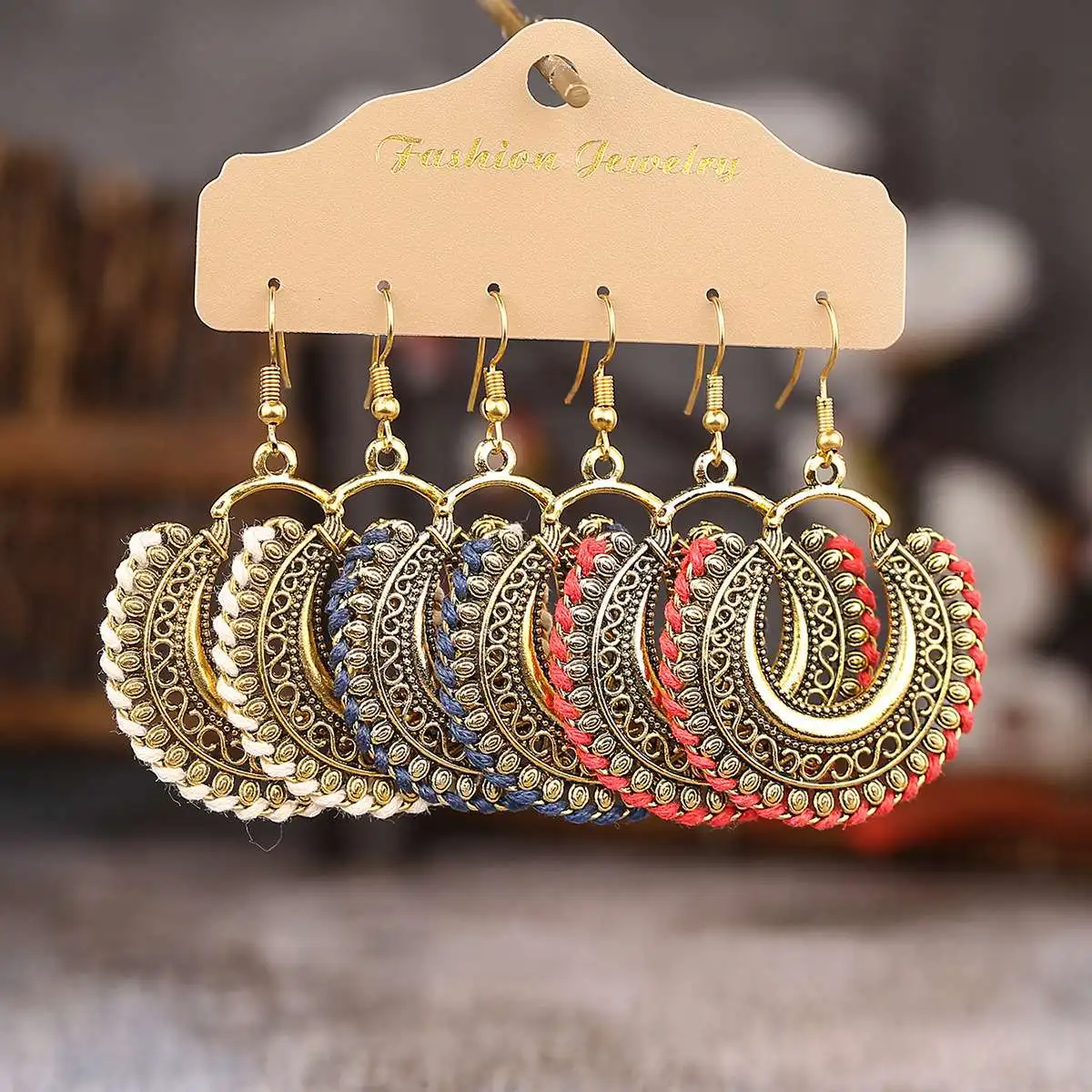 

Ethnic Alloy Geometry Dangle Earrings Set Women's Handmade Gypsy Vintage Blue Line Round Carved Earrings Indian Earrings