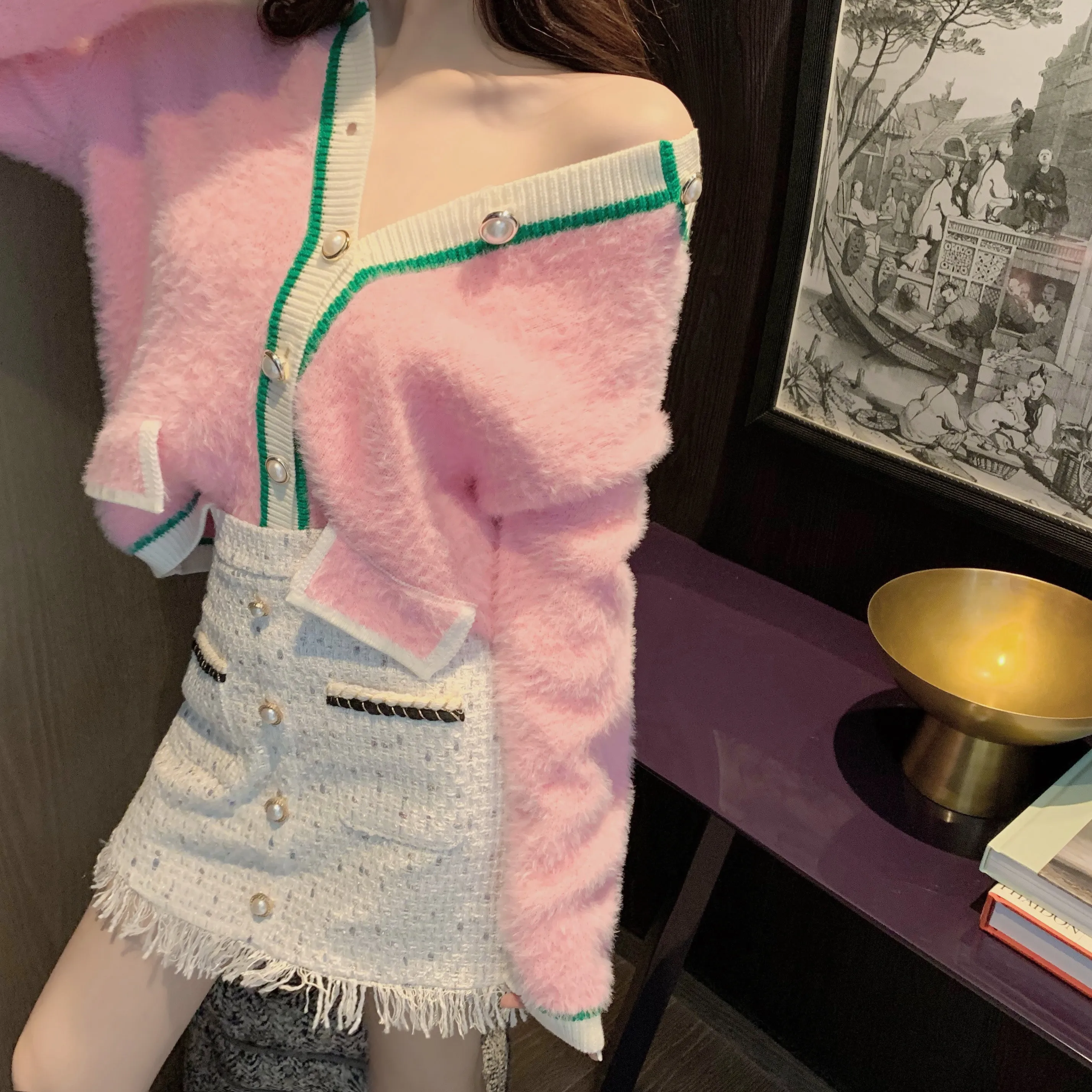 Женский укороченный свитер Ulzzang розовый свободный дизайнерский кардиган в