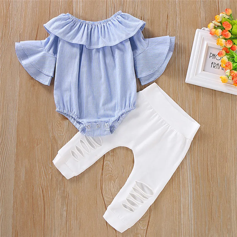 baby born kleding Красивая осенне-зимняя одежда для маленьких девочек, комплект из 2 предметов пуловер в полоску с длинными рукавами и оборками синий свитер Топы+ штаны J6 - Цвет: baby born kleding