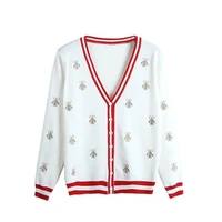 2020 autumn thin cardigan women embroidered joker v neck knitted cardigan color matching sweater women loose coat