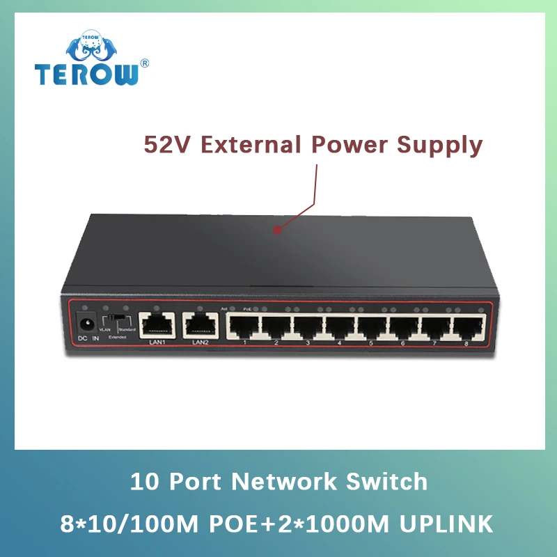 

TEROW 10Ports 10/100Mbps Ethernet Network Switch 8 POE Port+2Uplink Port 52V VLAN Suitable for IP Camera/Wireless AP/CCTV Camera