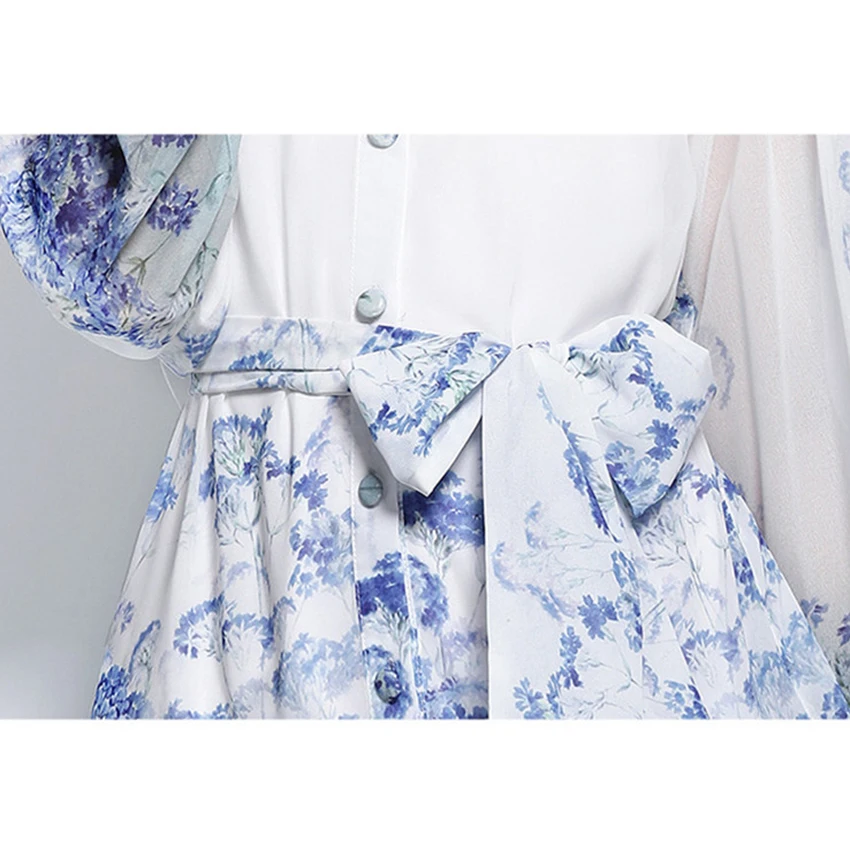

Floral Print Chiffon Dress Spring Summer Elegant Dress Women Stand Neck Casual Shirt Dresses Holiday Robe Femme