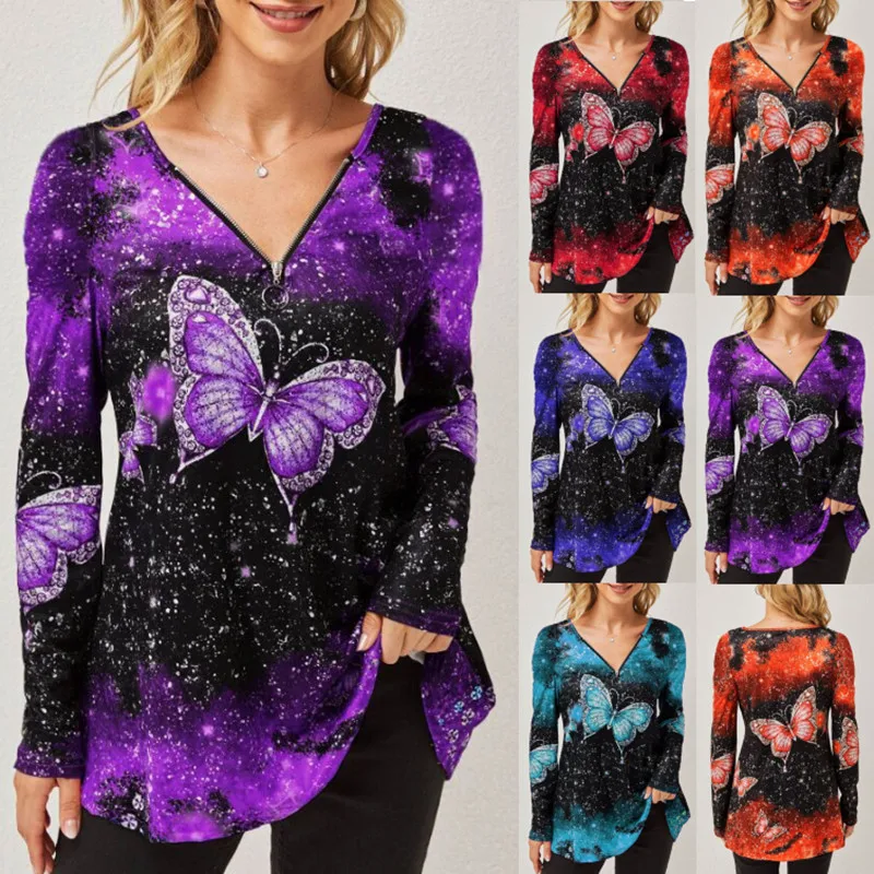 

Plus Size Women Autumn V-neck Slim Long Sleeve Tops Temperament Commuter Butterfly Print Pullover All-match Lady T Shirt