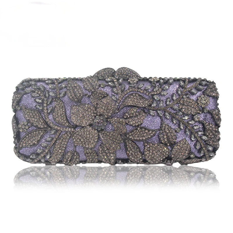 

Purple Gold Silver Flower Diamond Women Evening Handbag Hollow Floral Crystal Wedding Clutch Purse Party Dinner Bridal Stone Bag