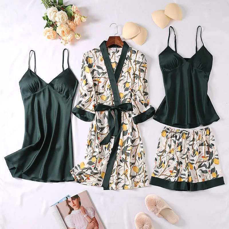 4 Pcs Suit Print Pajamas Set With Chest Pad Women Half Sleeve Sexy Fashion Pyjamas