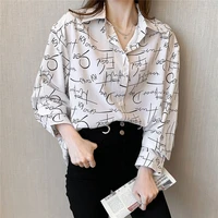 new spring and summer fashion woman blouses 2022 long sleeve letter print white black chiffon shirt female tops