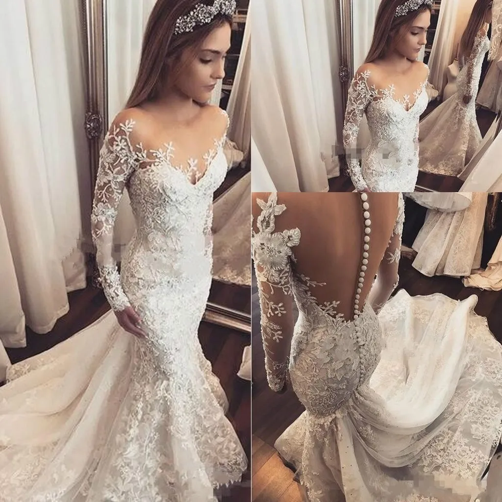 

Robe The Marriage Mermaid Wedding Clothes Longarm Jewel Neck Sheer Top Applique 3D Flowers Pearls dish Zug Plus Size