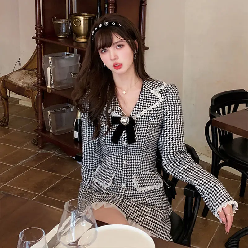 Зимнее милое ретро платье женское кружевное лоскутное клетчатое элегантное