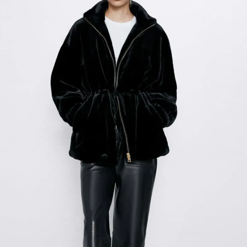 

2021 New Winter Elegant Luxurious Faux Fur Coat Slim Warm Stand Collar Zipper Black Fur Jacket Thin Long Coats Women Outwear