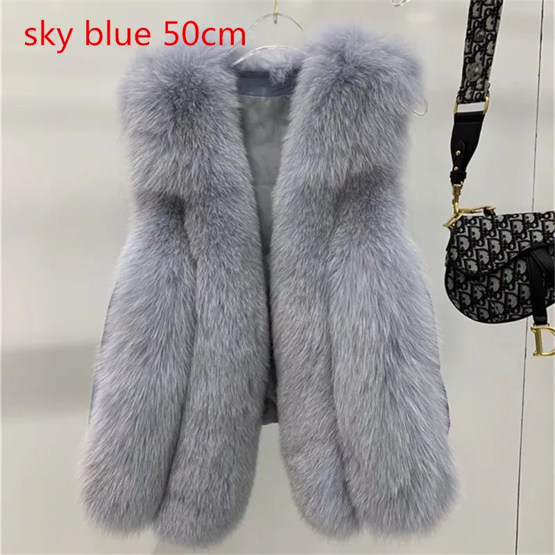 sky blue 50cm Женский жилет из натурального Лисьего меха с наполнителем из белого утиного пуха - Цвет: sky blue 50cm