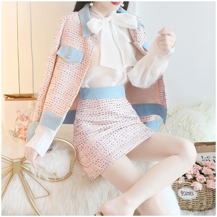 2019 Новое поступление осенние женские костюмы твидовая шерстяная куртка с