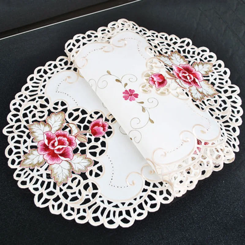 

Oval Country Style Floral Embroidered Lace Tablecloth Table Mat Decor 40*85cm Satin Fabric Table Decoration Kitchen Accessories