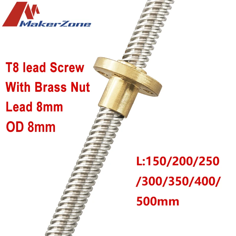 T8 Lead Screw OD 8mm Pitch 2mm Lead 8mm 150mm 200mm 250mm 300mm 350mm 400mm 500mm with Brass Nut for Reprap 3D Printer Z Axis