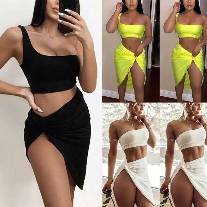 

Women 2 Pieces Set Bodycon Crop Top and Skirt Set Sexy Lace Up Party Clubwear Two Piece Sets