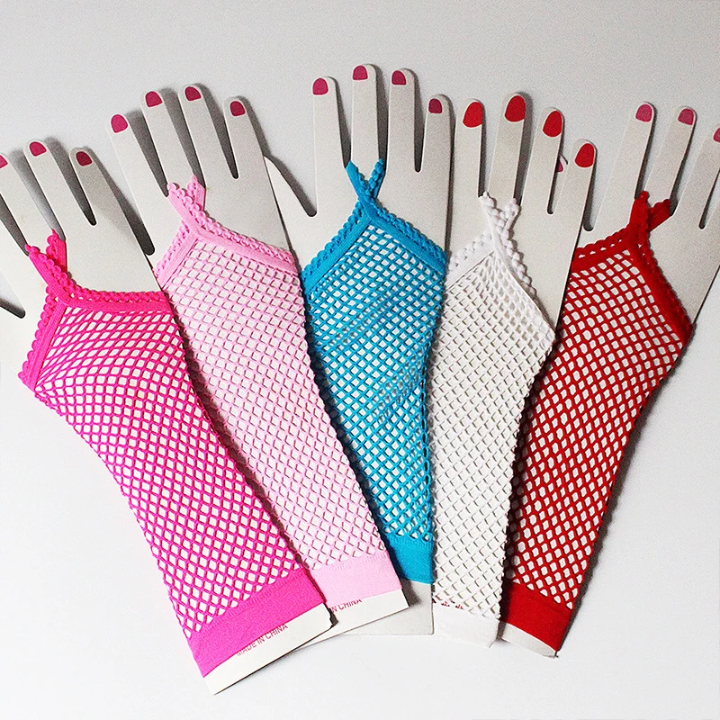 

1Pair Party Girl Lace Mittens Women Solid Fingeless Net Gloves Breathable Performance Dance Mesh Fishnet Long Gloves