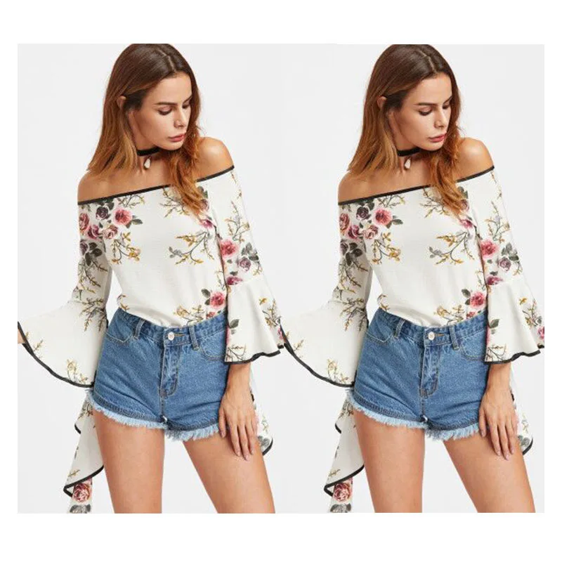 

Neatie kiddie White Flare Print Sexy Off Shoulder Summer Floral Sleeve Blouse Women Shirt Casual Chiffon Shirt