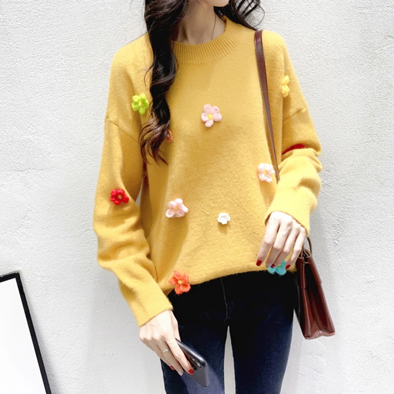 Женский Повседневный свитер с цветочной вышивкой женский длинным рукавом и