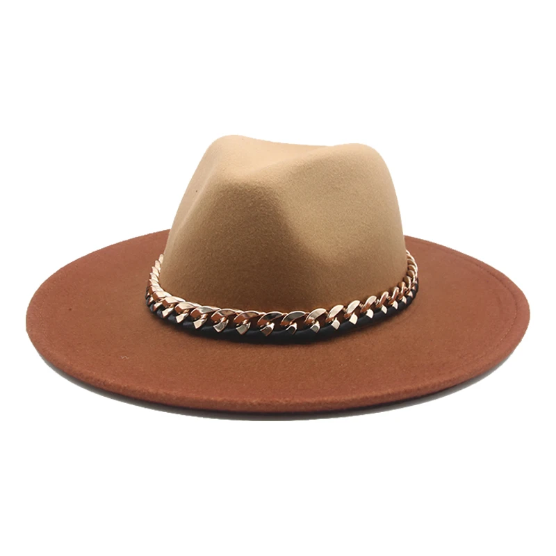 

fedora hat gradient color with gold chain band women hat winter wide brim jazz caps luxury winter hat sombreros de mujer