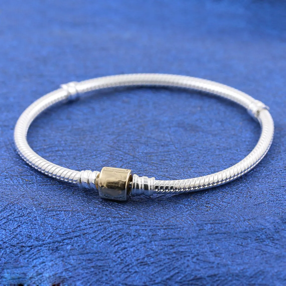 925 Sterling Silver 18K Gold Plated Barrel Clasp Snake Chain Bracelet For Women Fit European Pandora Charm Beads Jewelry