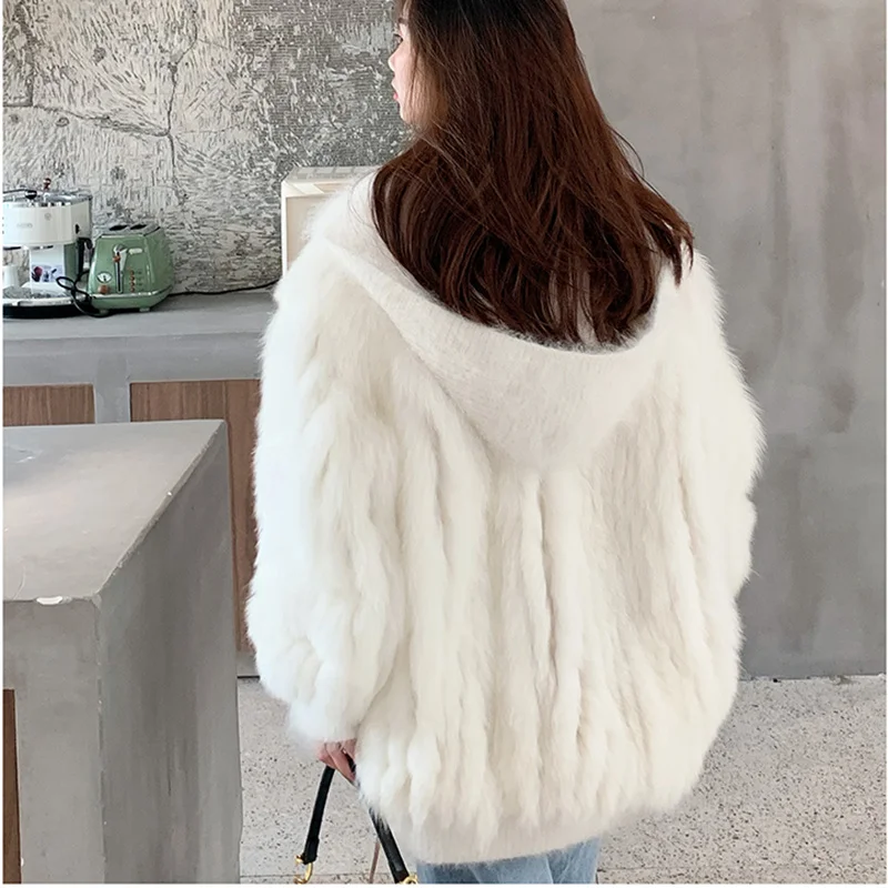 

SHZQ New Luxury Female Coats and Jackets Women Natural Fox Fur Jacket with Hooded Loose Style Baseball Lady Big Size Clothing