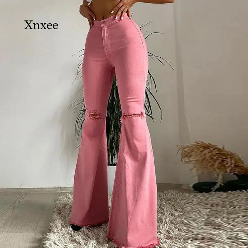 

2021 Women Jeans Flare Pants Hole Decorated High Waist Elegant Trousers Women New Fashion Streetwear Y2K Denim Bottoms Clothing