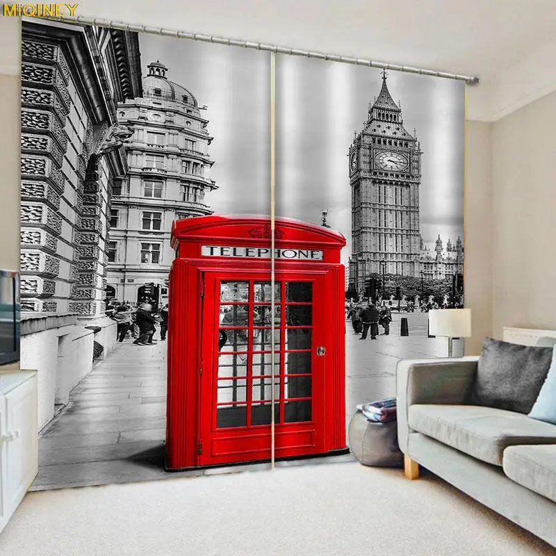 

Modern London Curtains Telephone Booth Traditional Local Cultural Icon England UK Retro Bedroom Living Room Window Drapes
