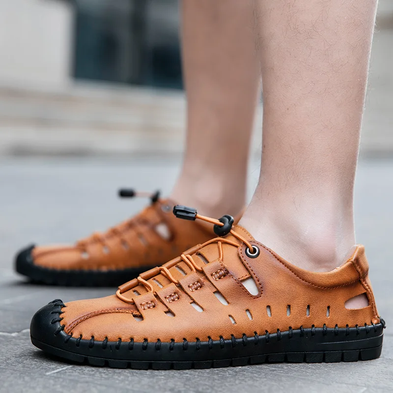 

Men's Beach Shoes Summer New Casual Shoes Fashion Sandals Men's Hollow Breathable Leather Shoes Men