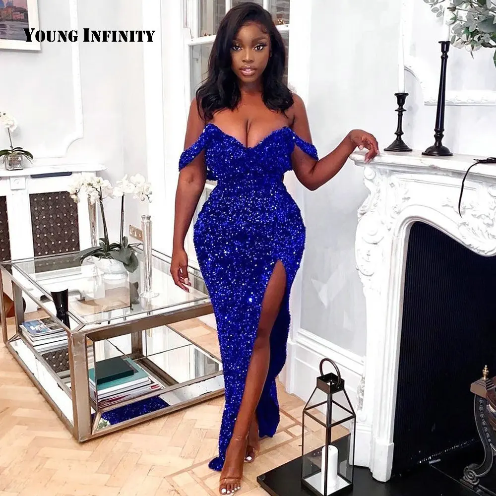 

Sexy Blue Floor Length Prom Dress Sweetheart Off The Shoulder Backless Sequins Sweep Train Side Slit Mermaid Party Gown 2021