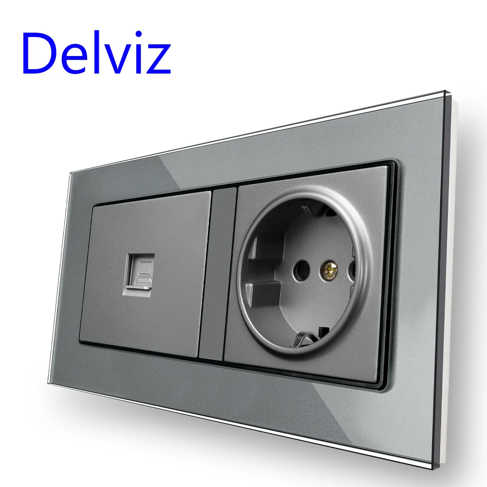 

Двойная розетка Delviz, панель из закаленного стекла, USB-интерфейс для зарядки, 146 мм x 86 мм, встроенная настенная розетка европейского стандарта