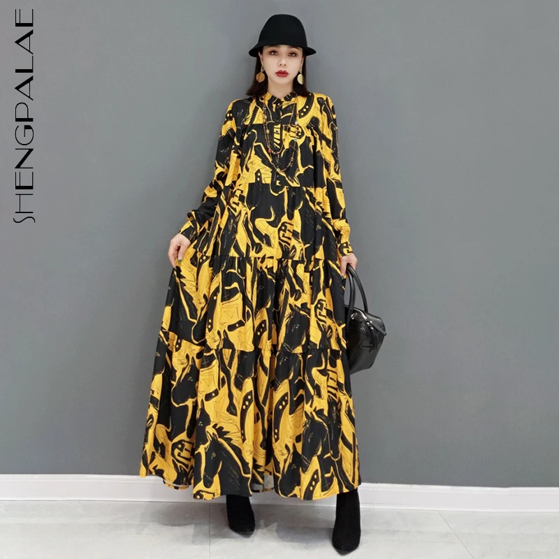 

SHENGPALAE Fashion Yellow Printed Shirt Derss Women's Autumn 2021 New Lapel Loose Single Breasted Long Sleeve Mid-calf Dresses