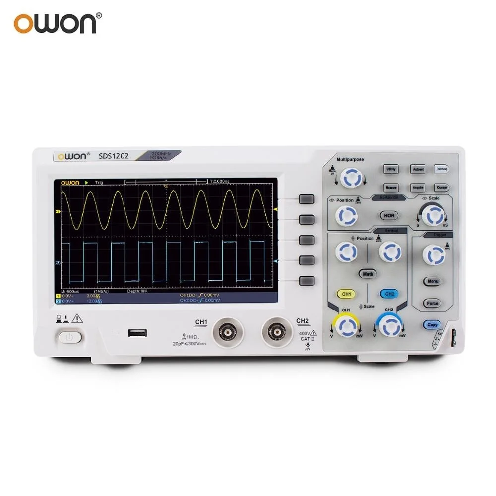 

OWON SDS1202 Digital Oscilloscope, 2 Channels 200Mhz Bandwidth 7'' Handheld LCD Display Portable USB Oscilloscopes