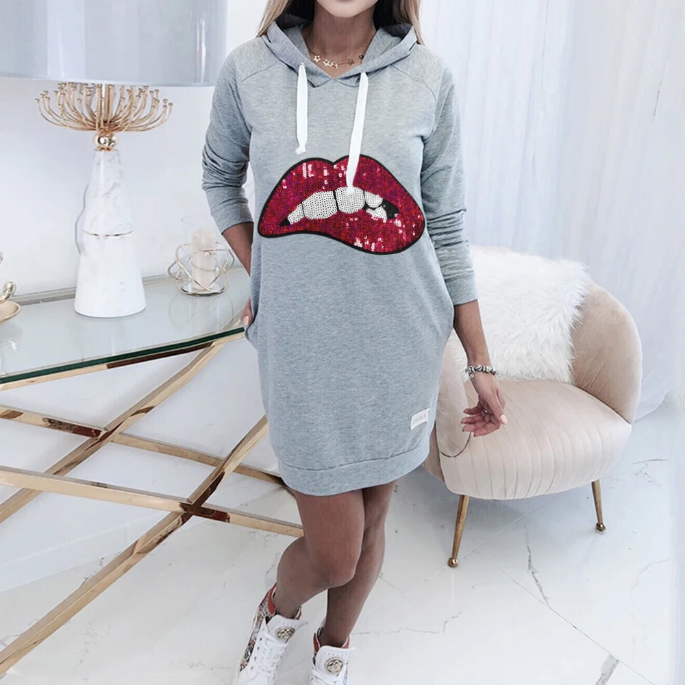 Женское платье-свитер с принтом губ модное Спортивное платье капюшоном и