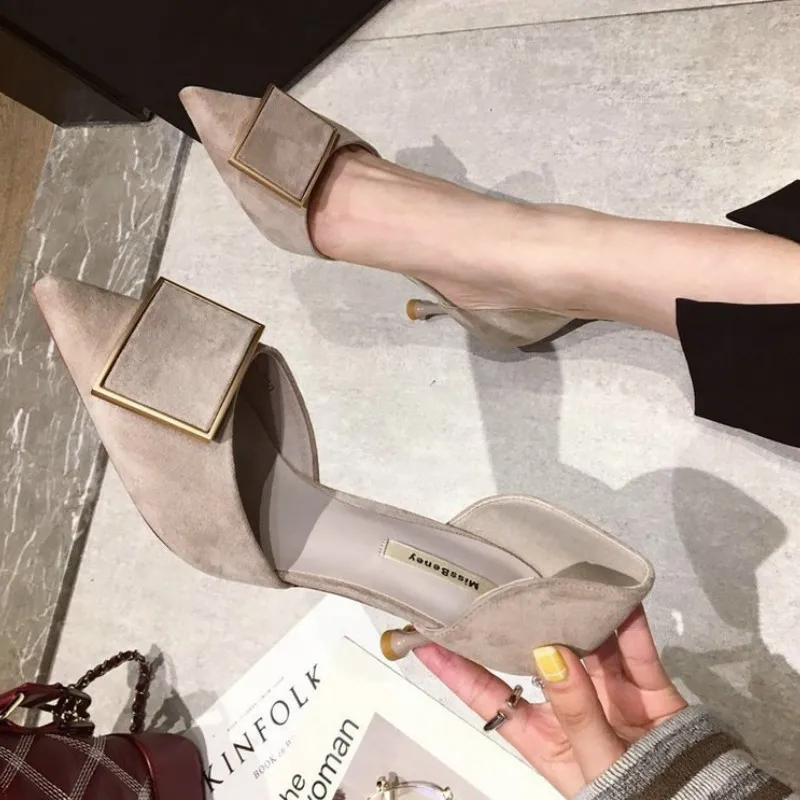 

Fashion Summer Sandals Women Flock Dress Slip-On Solid Shallow Cover Heel Thin Heels 6.5cm High Heels Ladies Shoes and Sandals