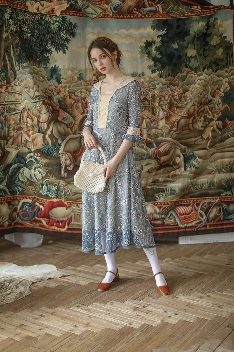 

Spring Summer Women Vintage Elegant Slim Mori Girl Sweet Midi Embroidery Lace Casual Long Dress women's clothing