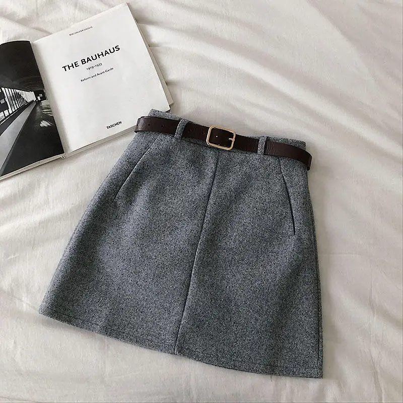 Light grey Skirt Однотонные шерстяные юбки женские Saia мини-юбки женские Faldas теплые зимние короткие женские юбки с ремнем Jupe Femme Q2149 - Цвет: Light grey Skirt