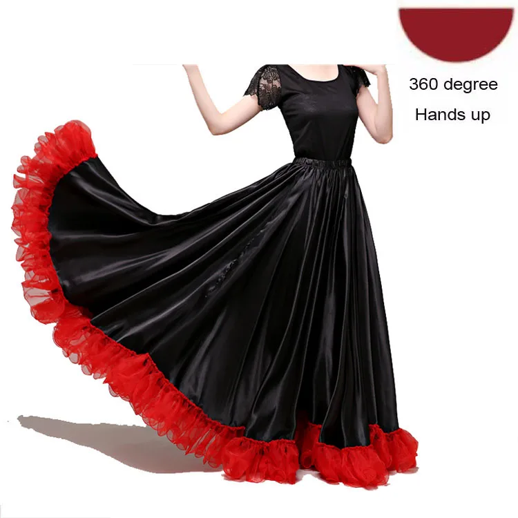 Black skirt360degree Модная Великолепная Женская юбка для танца живота размера плюс, платье для испанского фламенко, одежда для команды, кружевная атласная одноцветная гладкая юбка - Цвет: Black skirt360degree