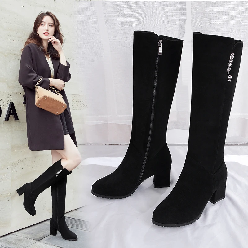 

Black Boots Women Shoes 2020 Thigh High Boots Zapatos Para Mujer for Women High Heel Boots Flock Knee-High Zip Round Toe Boots
