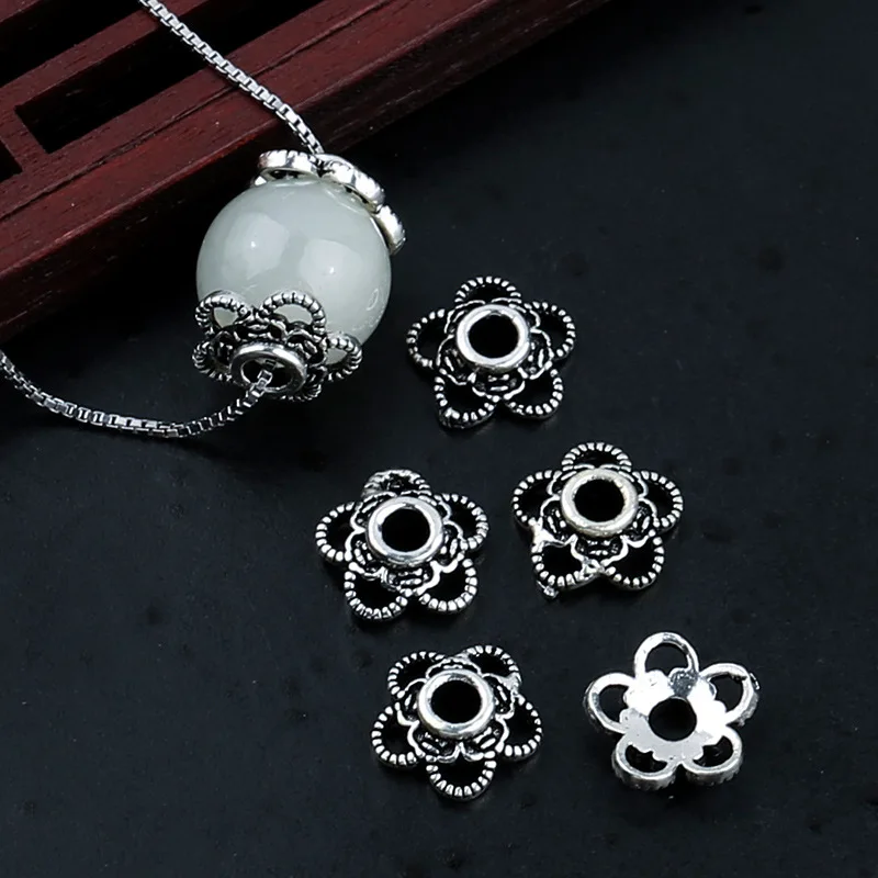 

2pcs/lot 925 Sterling Silver Vintage Hollow Out Bead Caps 8mm Handmade Flower End Cap Receptacle DIY Jewelry Findings Supplier