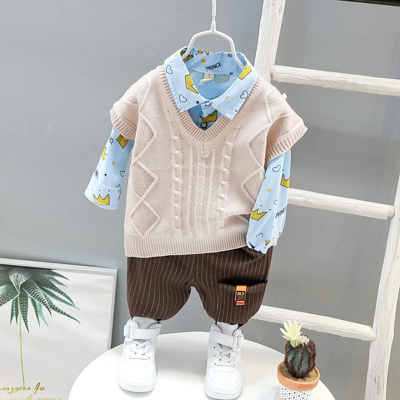 

LZH 2021 Autumn Casual Kids Suit Children's Suit Cotton Boys Long-sleeve Shirt Sweater Vest Trousers 3Pcs Baby Clothes 0-4 Years