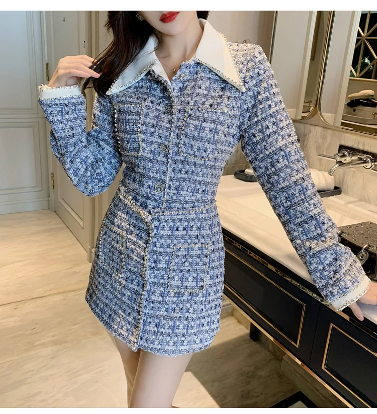 

High Quality Women Tweed Playsuit Ladies Long Sleeve Jumpsuits Elegant Diamonds Turn down collar fashion Overalls Jumpsuits