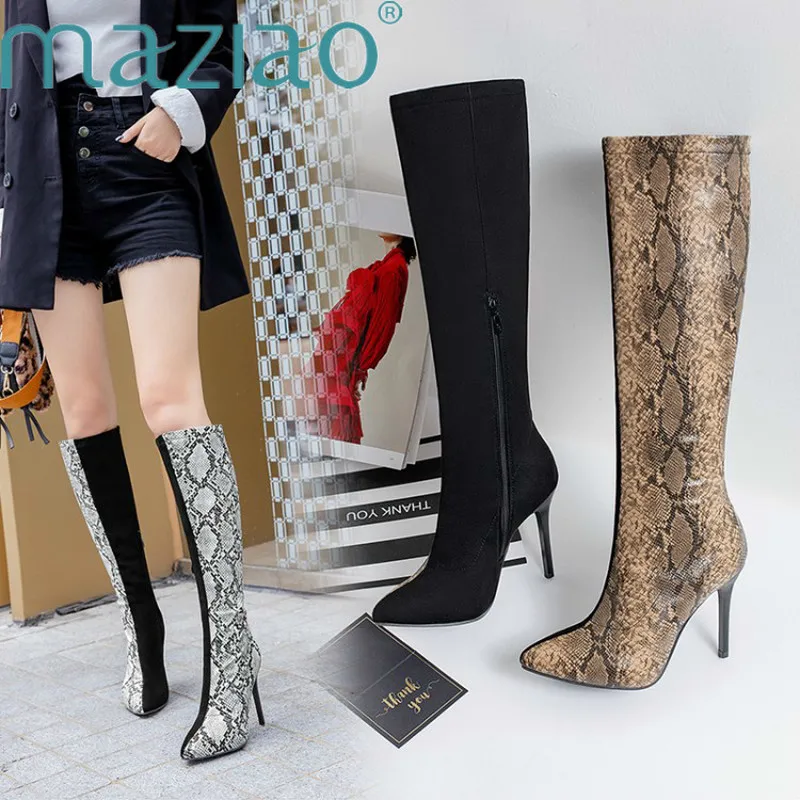 Женские сапоги до колена привлекательные лоскутные из змеиной кожи на молнии