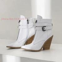 pointed toe wedges belt buckle boots patchwork med heels side zipper croc pattern genuine leather booties british style shoes