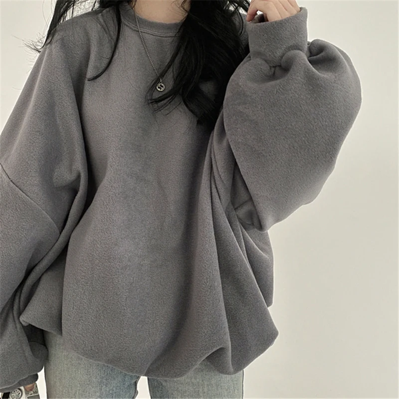 

Chic Loose O-Neck Sweatshirt Pullover Soft Solid Retro Fashion Puff Sleeves Oversize Warm Casual Women Female Tops