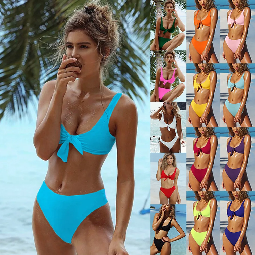 

2020 Summer Swimwear New Style Sexy Women Solid Color Swimsuit Solid Color Bikini Sexy Backless 2-Piece Nylon Swimsuit