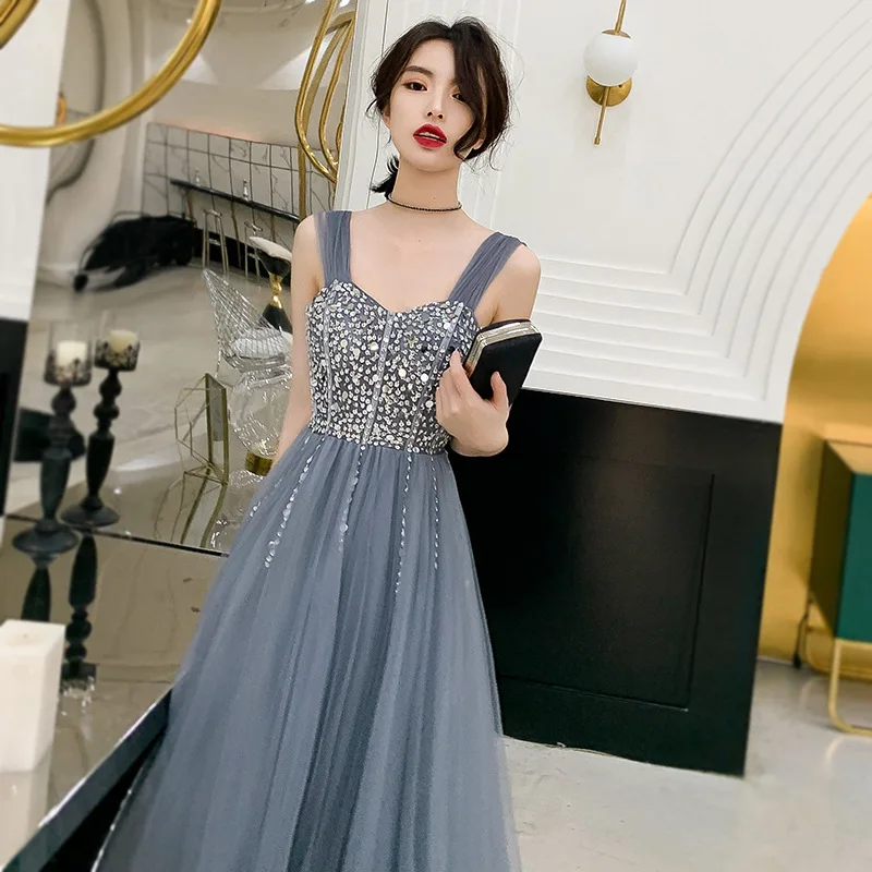 

Blue Gray Chinese Sexy Dream Oriental Party Female Cheongsam Stage Show Qipao Dress Elegant Celebrity Banquet Dresses De Festa