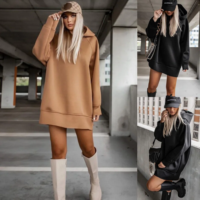 

Women Long Sweatshirt Casual Long Sleeve Hooded Pullover Fashion Lady Solid Color Hoodies Autumn Winter Black Khaki Pullover