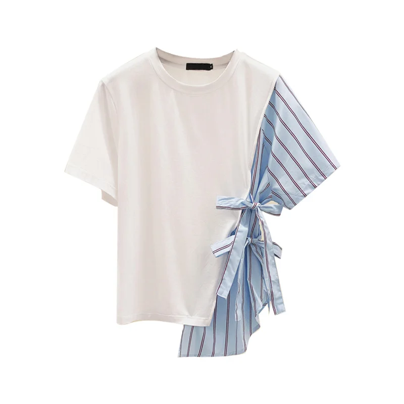Новинка женская летняя футболка модный топ в полоску с бантом из двух частей
