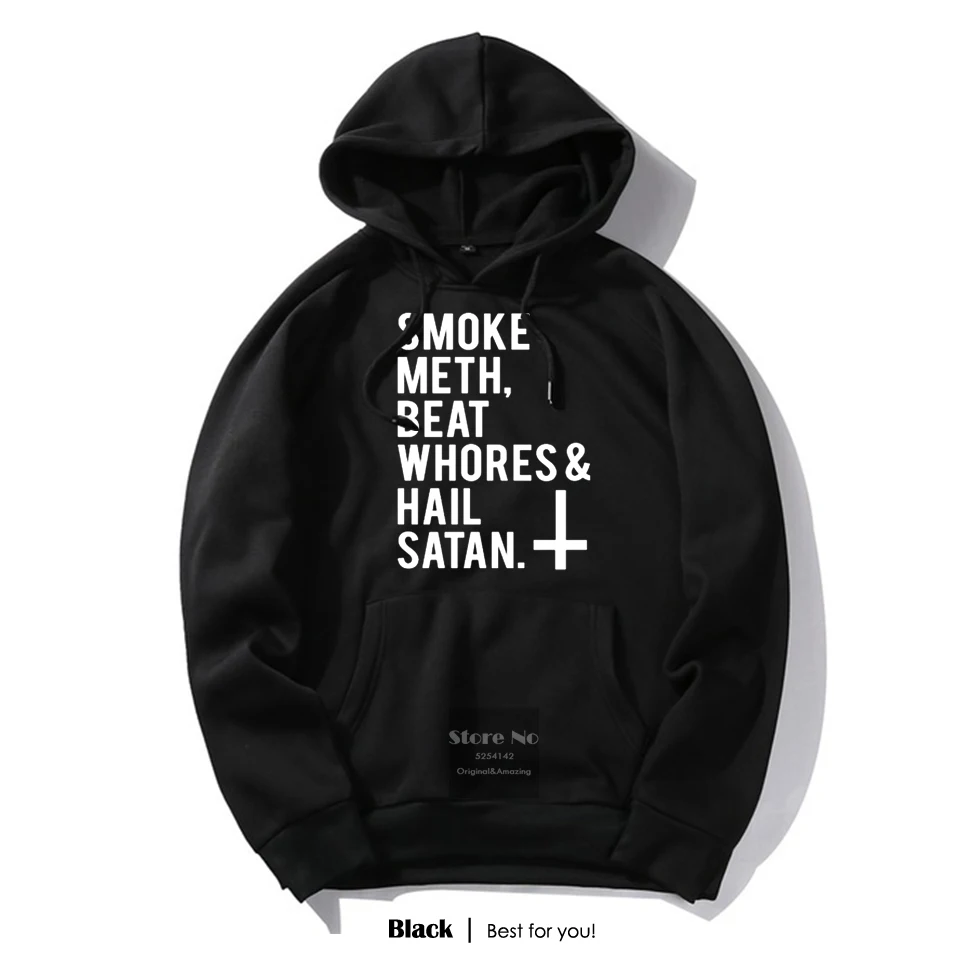 Мужская толстовка с капюшоном с надписью «Hail satan» и надписью «Smoke Meth Beat Whores», толстовка с капюшоном в стиле аниме, женские толстовки с капюшоном, черная толстовка с капюшоном большого размера