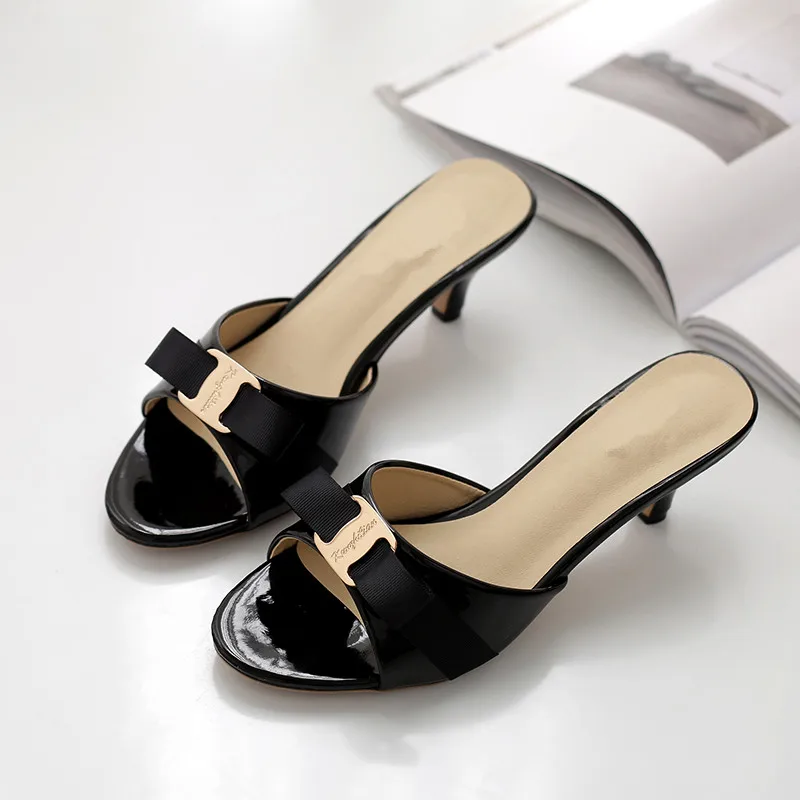 Slippers Female Summer Fashion High-heeled Women's Buckle Fine Heel Patent Leather Sandals Large Size 33-43 | Обувь