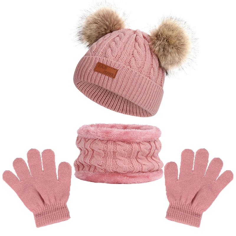 Cute Baby Hat Scarf Gloves Suit Set Beanie Cap Children's Hats Girls Fake Ball Pompon Plush Keep Warm Winter Knitted Skullies | Детская